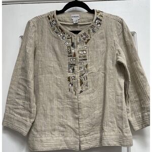 Chico's Linen‎ Jeweled Jacket Light Beige Linen Embellished Neckline Size 0